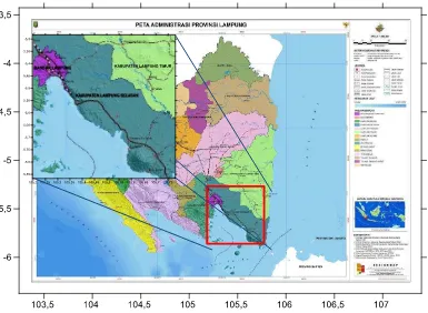 Gambar 1. Daerah penelitian: Peta administrasi Provinsi Lampung (Bakosurtanal, 2008). 