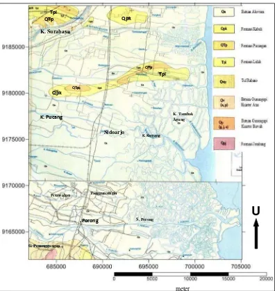 Gambar 3. Peta Geologi Porong Sidoarjo (Santoso dan Suwarti, 1992)
