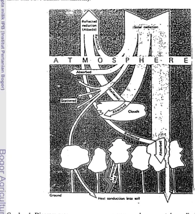 Gambar 1. Diagram proses pemencaran, penyerapan dan pemantulan radiasi surya di 