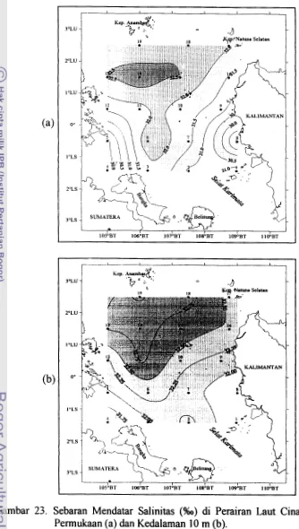 Gambar 23. Sebaran Mendatar Salinitas (%o) di Perairan Laut Cina Selatan pada: 