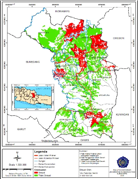 Gambar Peta Kesesuaian Potensi Lahan Sawah dengan Produktivitas Padi di Kabupaten Majalengka 