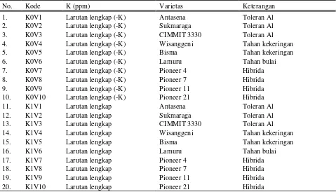 Tabel 1.  Kombinasi Perlakuan K dan Beberapa Varietas Jagung. 