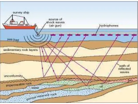 Gambar 3.1 Ilustrasi survei seismik laut (OpenLearn Labspace, 2010) 