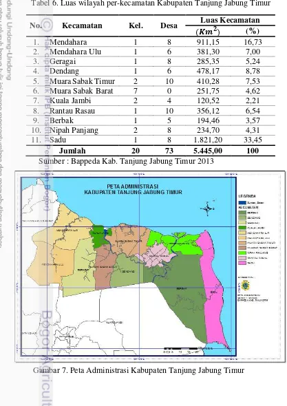 Tabel 6. Luas wilayah per-kecamatan Kabupaten Tanjung Jabung Timur 