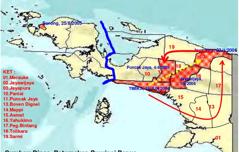 Gambar 1. Peta Penyebaran Hog Cholera (HC) di Provinsi Papua. Panah kuning menunjukan awal perpindahan penyakit HC dari kabupaten Timika ke kabupaten Jayapura