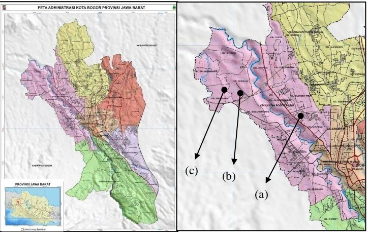 Gambar 2 Peta lokasi penelitian (a) Bumi Menteng Asri, (b) Griya Melati, dan (c) Pakuan Regency 