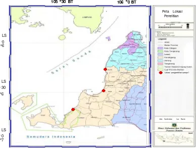 Gambar  3  Peta lokasi pengambilan sampel di Kabupaten Pendeglang. 