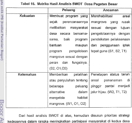 Tabel 16. Matriks Hasil Analisis SWOT Desa Pagatan Besar 