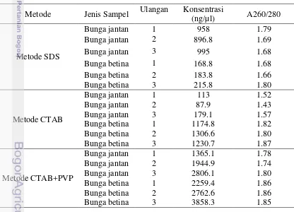 Tabel 1.  Kuantifikasi DNA bunga jantan dan betina kelapa sawit menggunakan 