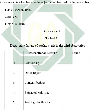   Table 4.3 Descriptive feature of teacher’s talk in the third observation