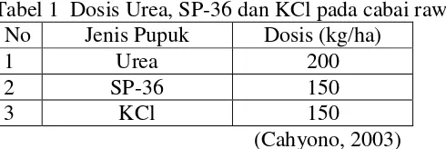 Tabel 1  Dosis Urea, SP-36 dan KCl pada cabai rawit 