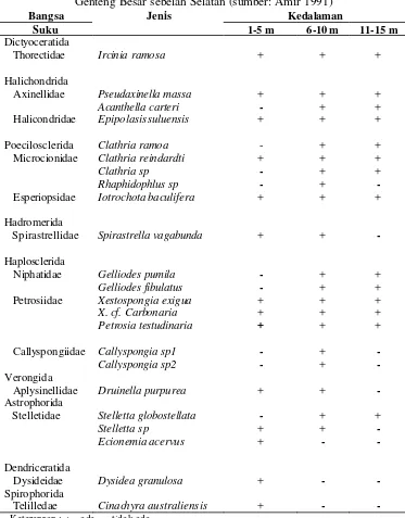 Tabel 2  Sebaran fauna spons pada kedalaman 1-15 m di Pulau Genteng Besar sebelah Selatan (sumber: Amir 1991) 
