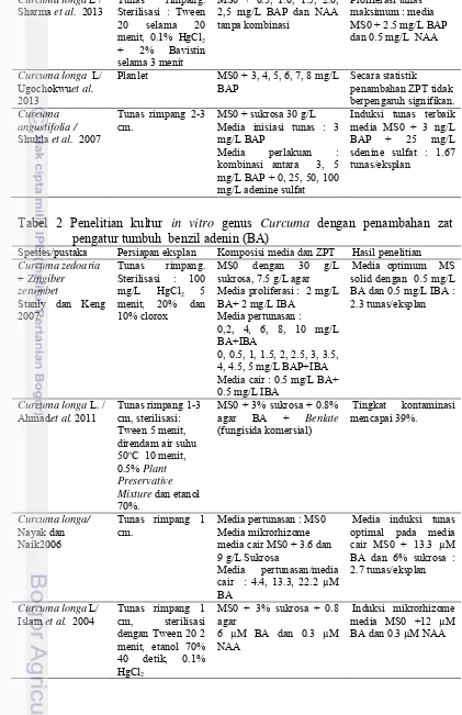 Tabel 2 Penelitian kultur in vitro genus Curcuma dengan penambahan zat 