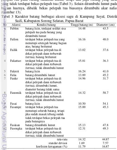 Tabel 3 Karakter batang berbagai aksesi sagu di Kampung Sayal, Distrik 