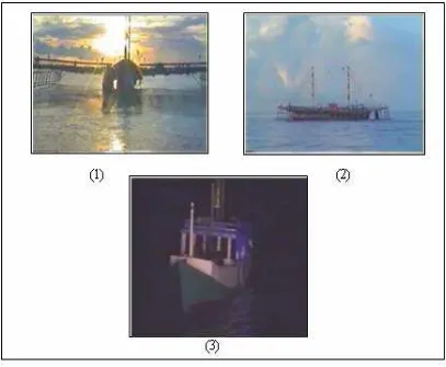 Gambar 7  Bagan  dan  platform   observer  yang   digunakan     selama      penelitian (1) bagan rambo dilihat dari depan, (2) bagan rambo dilihat dari samping, dan (3) kapal pengamatan (platform observer)  
