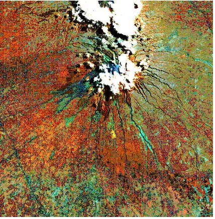 Gambar 1. Bentanglahan volkanik yang berasal dariGunungapi Merapi Citra Landsat ETM + Komposit 457