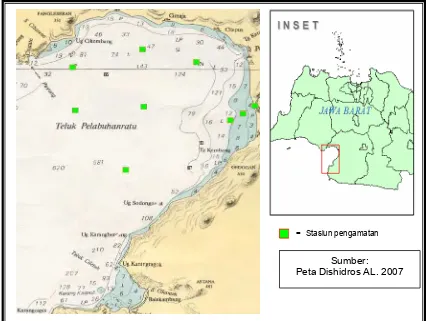 Gambar 3  Peta Lokasi Penelitian dan Posisi stasiun pengambilan sampel di   Teluk Palabuhan Ratu