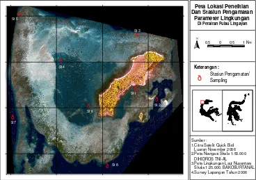 Gambar 2 Peta lokasi penelitian dan stasiun pengukuran data parameter lingkungan di Pulau Lingayan 