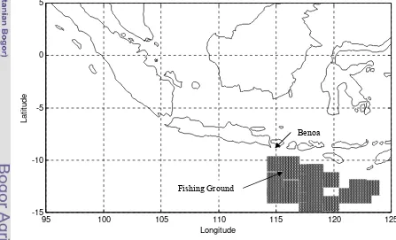 Gambar 7.  Daerah penangkapan ikan tuna mata besar (T. obesus) di Samudera                       Hindia dengan fishing base di Benoa, Bali  