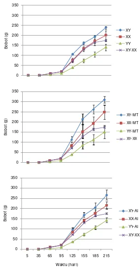 Gambar 5 Pola pertumbuhan populasi ikan nila genotipe XX, XY dan YY tanpa perlakuan (atas), penambahan hormon 17a-mt (tengah) serta pemberian imidazole (bawah)