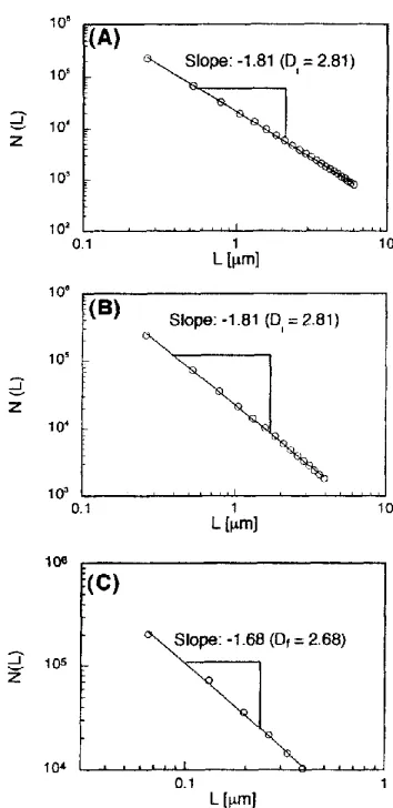 Fig. 9. Typical plots for estimation of fractal dimensions Dr. (A) 50 retool/din 3 acetate buffer (pH 5.1; BSA concentration 184 kg/m3), (B) 50 mmol/dm 3 HEPES buffer (pH 7.0, 30 mmol/dm 3 CaCI2; BSA concentration 197 kg/m3), (C) 50 mmol/dm 3 HEPES buffer 