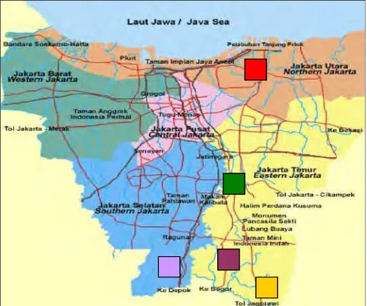 Gambar 1  Peta lokasi penelitian di Jakarta, Depok, dan Bogor