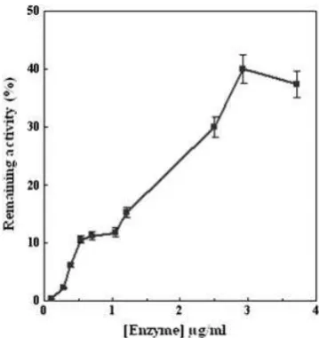 Figure 3. Effect of several concentrations of enzyme on theremaining activity of the immobilized enzyme