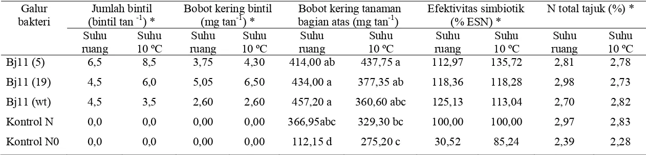 Tabel 4  Pengaruh inokulan B. japonicum yang telah disimpan selama 1 bulan pada suhu ruang (± 25 ºC) dan suhu 10 ºC terhadap jumlah bintil, bobot kering bintil akar, bobot kering tanaman bagian atas, efektivitas simbiotik, dan kandungan N total tajuk tanaman kedelai varietas Slamet umur 45 HST pada media tanah asam pH 4,8 