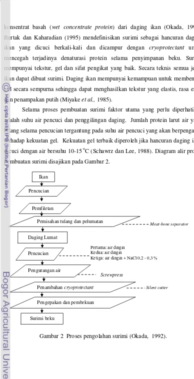 Gambar 2  Proses pengolahan surimi (Okada,  1992).