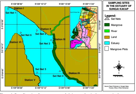 Figure 4  Sampling sites for mangroves and shrimp catches in the set nets in the estuary of Sungai Kakap