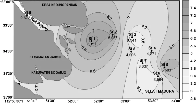 Gambar 13. Sebaran konsentrasi klorofil-a (µg/l) secara horizontal di permukaan perairan estuari Sungai Porong (Agustus 2007)