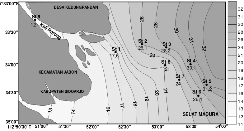 Gambar 14. Sebaran salinitas (‰) di permukaan perairan estuari Sungai Porong (Agustus 2007)