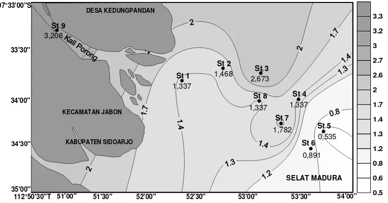 Gambar 15. Sebaran konsentrasi klorofil-a (µg/l) secara horizontal di permukaan perairan  estuari Sungai Porong (Maret 2008)