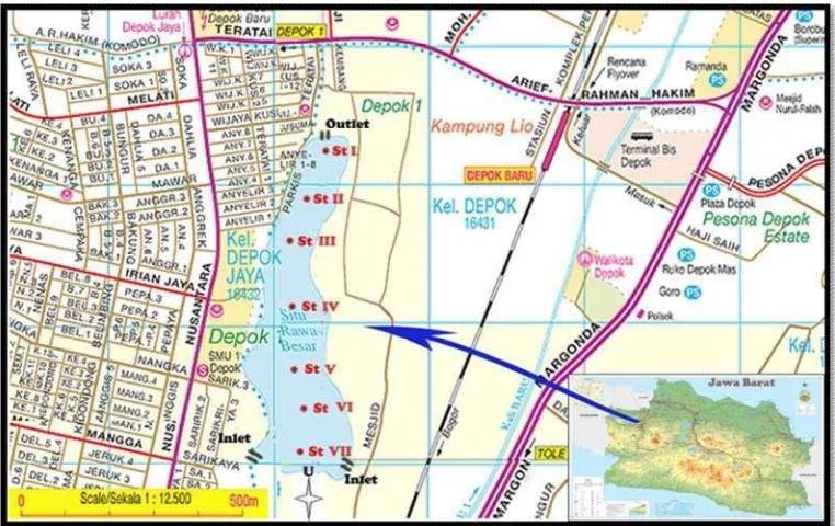 Gambar 3. Peta lokasi dan stasiun pengambilan contoh di perairan Situ Rawa Besar (Jakprom, 2004)   