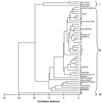 Fig. 2 Dendrogram ofEuclidean distance matrixbased on group average offatty acid methyl estercomposition (%) of 49individual trees of M.pinnata from fouraccessions: Kununurra,Australia (QLD and NT),