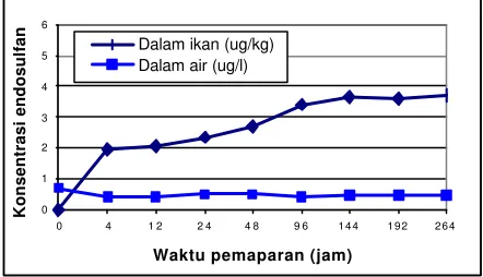 Gambar 6. Penyerapan endosulfan ke dalam tubuh ikan mas yang dipaparkan dalam larutan endosulfan sebesar 10% x LC50-96 jam dengan konsentrasi aktual rata-rata dalam air sebesar 0,24 (±± 0,013) µµg/l
