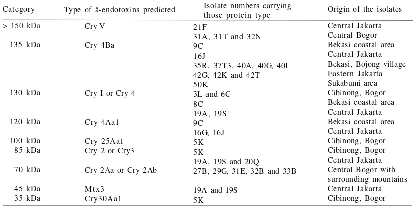 Table 1  ä-endotoxins distribution among B. thuringiensis isolates obtained based on the SDS-PAGE yields,mass molecular category and  itstype Cry protein predicted