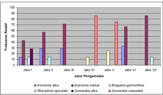 Gambar 6. Frekuensi relatif jenis mangrove tingkat pohon  pada setiap jalur pengamatan 