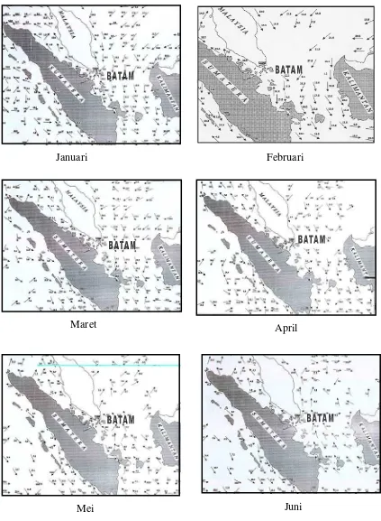 Gambar 5 Pola arus air laut di perairan Batam dan sekitarnya  pada bulan   Januari - Juni  (PT Bumimas Batamjaya, 2001) 
