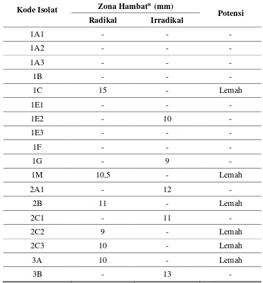 Tabel 2. Hasil skrining antibakteri isolat rare Actinomycetes 