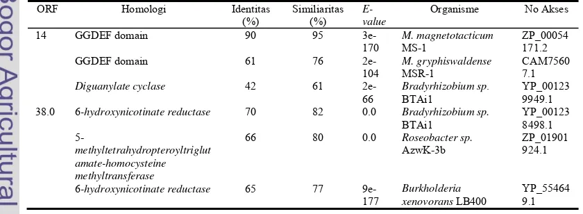 Tabel 1. Hasil Analisis Bioinformatika Sekuen ORF 14 dan ORF 38.0, diambil tiga hasil yang terbaik dari analisis menggunakan program BLASTX-NCBI