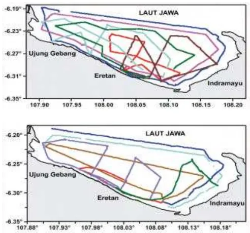 Gambar 8. Lintasan Tracking Pengukuran Arus di Lokasi Penelitian pada Bulan Maret dan Juli 2007 (sumber : Wahyu BS – P2O LIPI)