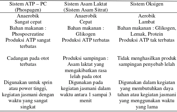 Tabel 2.1 Perbedaan Karakteristik Umum Olahraga Aerob dan