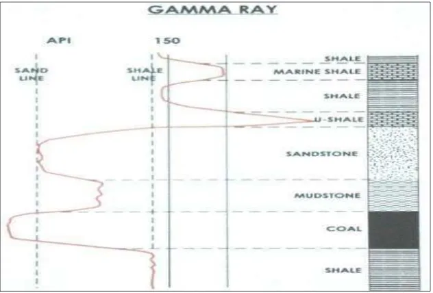 Gambar 13. Respon litologi yang umumnya dijumpai pada  lapisan pembawa batubara dengan metode log gamma ray (BPB manual, 1981)
