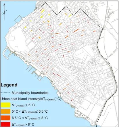 Figure 1. Urban heat island intensity in specific roads within the municipality. Figure 1