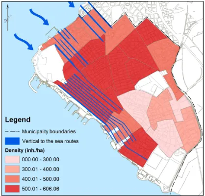 Figure 2. Population density and parallel to the sea routes. Inh: inhabitants. Figure 2