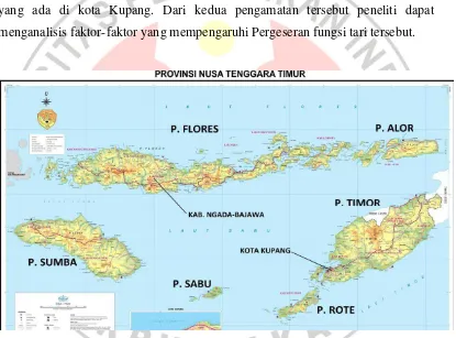 Gambar 1.1. Peta Propinsi NTT, penyebaran kabupaten dibeberapa pulau besar, diantaranya pulau Timor, Flores, Alor, Sumba, Sabu dan Rote