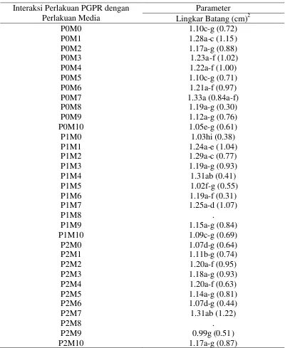 Tabel 18. Pengaruh Interaksi Perlakuan PGPR dan Perlakuan Mediaterhadap Lingkar Batang Jarak Pagar di Tempat Terbuka