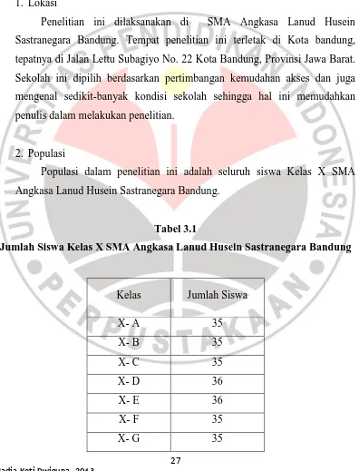 Tabel 3.1 Jumlah Siswa Kelas X SMA Angkasa Lanud Husein Sastranegara Bandung 