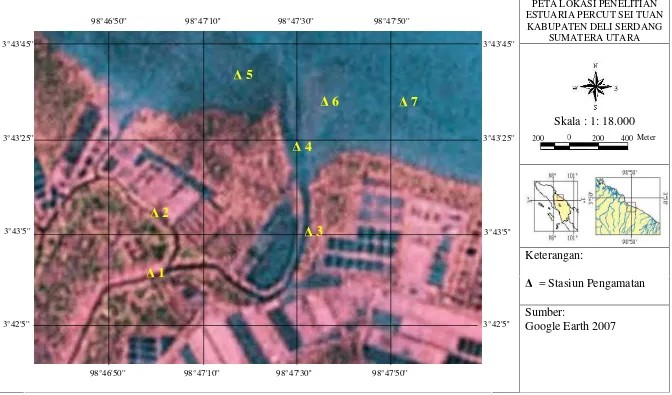 Gambar 2   Peta lokasi penelitian di Estuari Percut Sei Tuan (Google Earth  2007) 